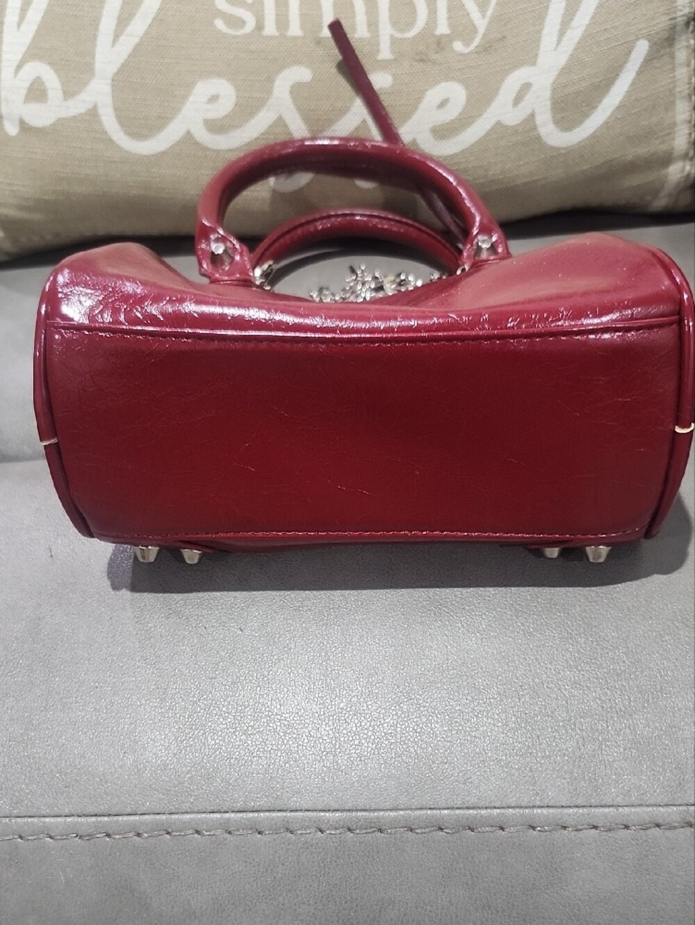 Glossy Vegan Leather Burgundy Dome Satchel/Crossbody Wirh Charm - Picture 7 of 11